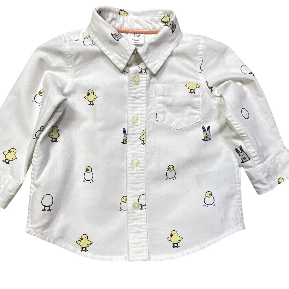 Baby Gap Oxford Button Down Easter Spring Duck Bunny Shirt White 6-12 Month Baby